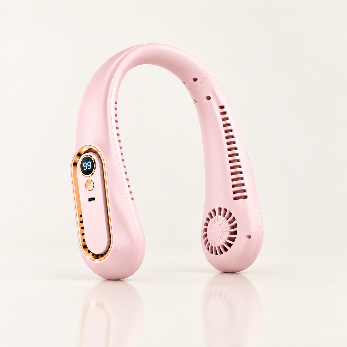 Ventilador de cuello portátil sin aspas color rosado, recargable USB