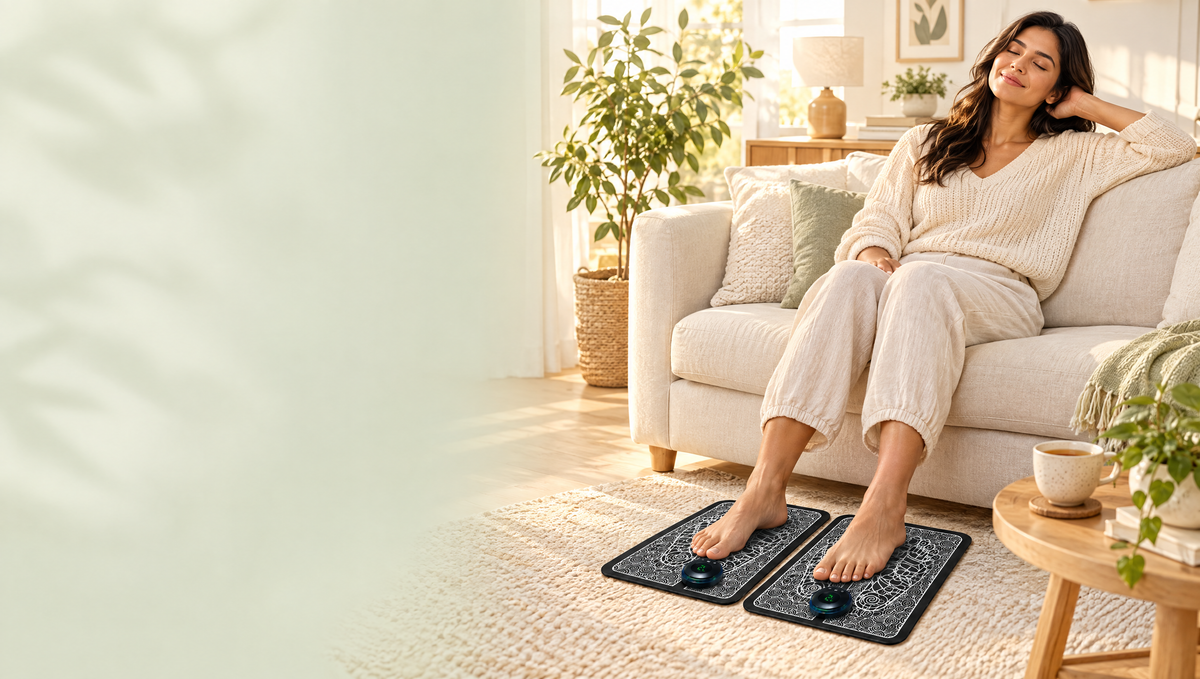 Mujer relajada en el sillón usando el masajeador de pies