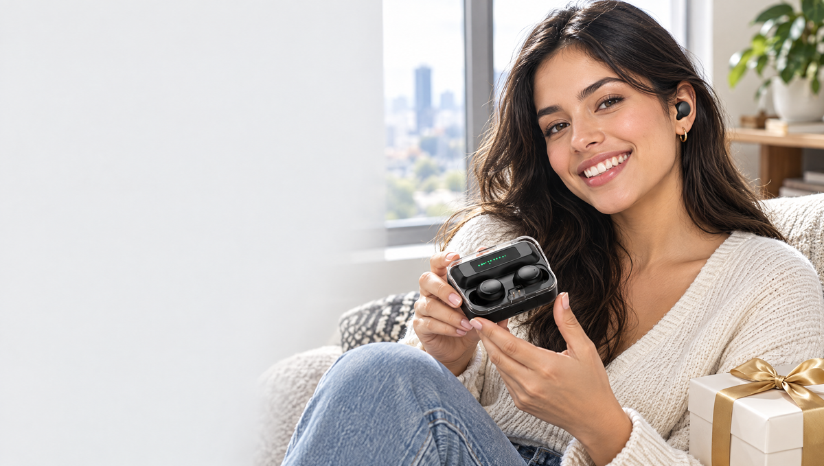 Mujer sonriendo con audífonos inalámbricos y un regalo