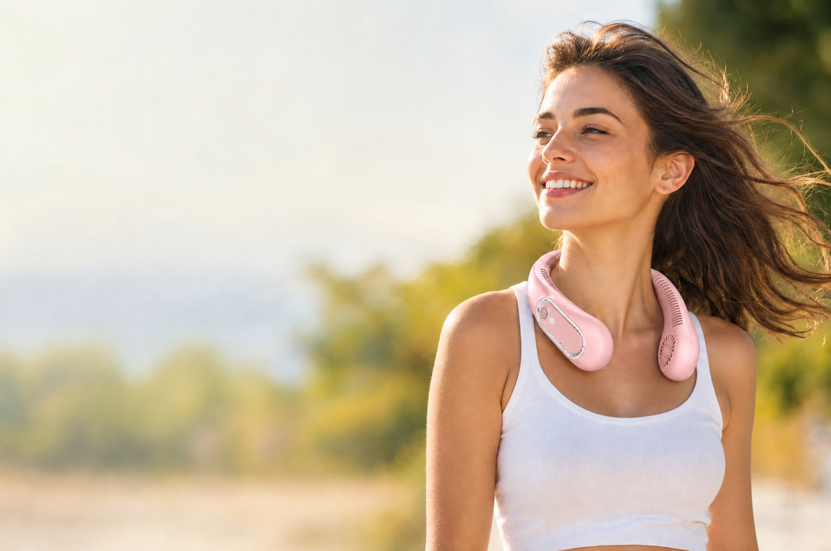 Mujer al aire libre con el ventilador de cuello rosado