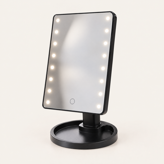 Espejo de maquillaje con luces LED encendidas